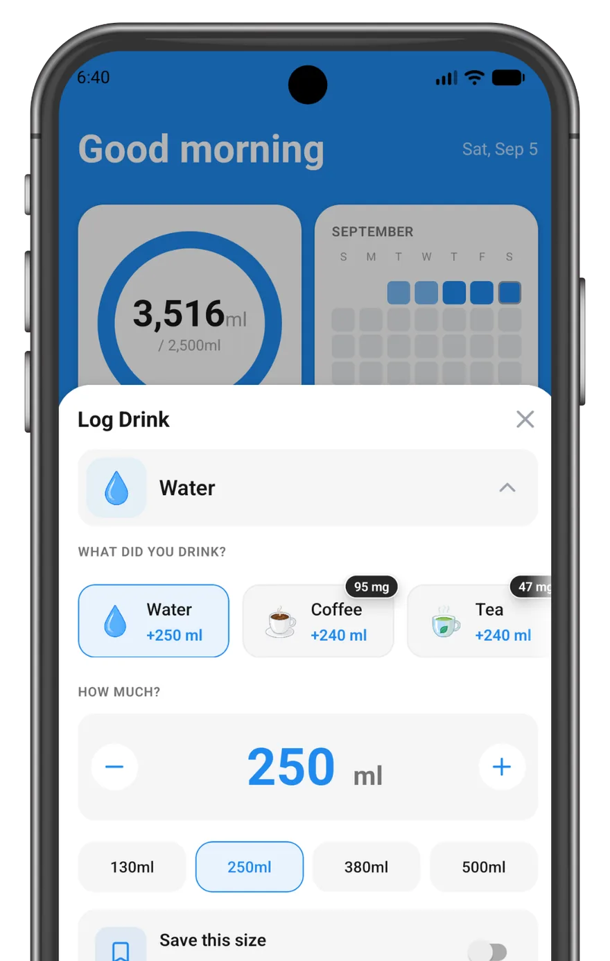 The Log Drink sheet in DrinkTick, with water selected, an amount stepper set to 250 ml, and quick amount chips for 130, 250, 380 and 500 ml.
