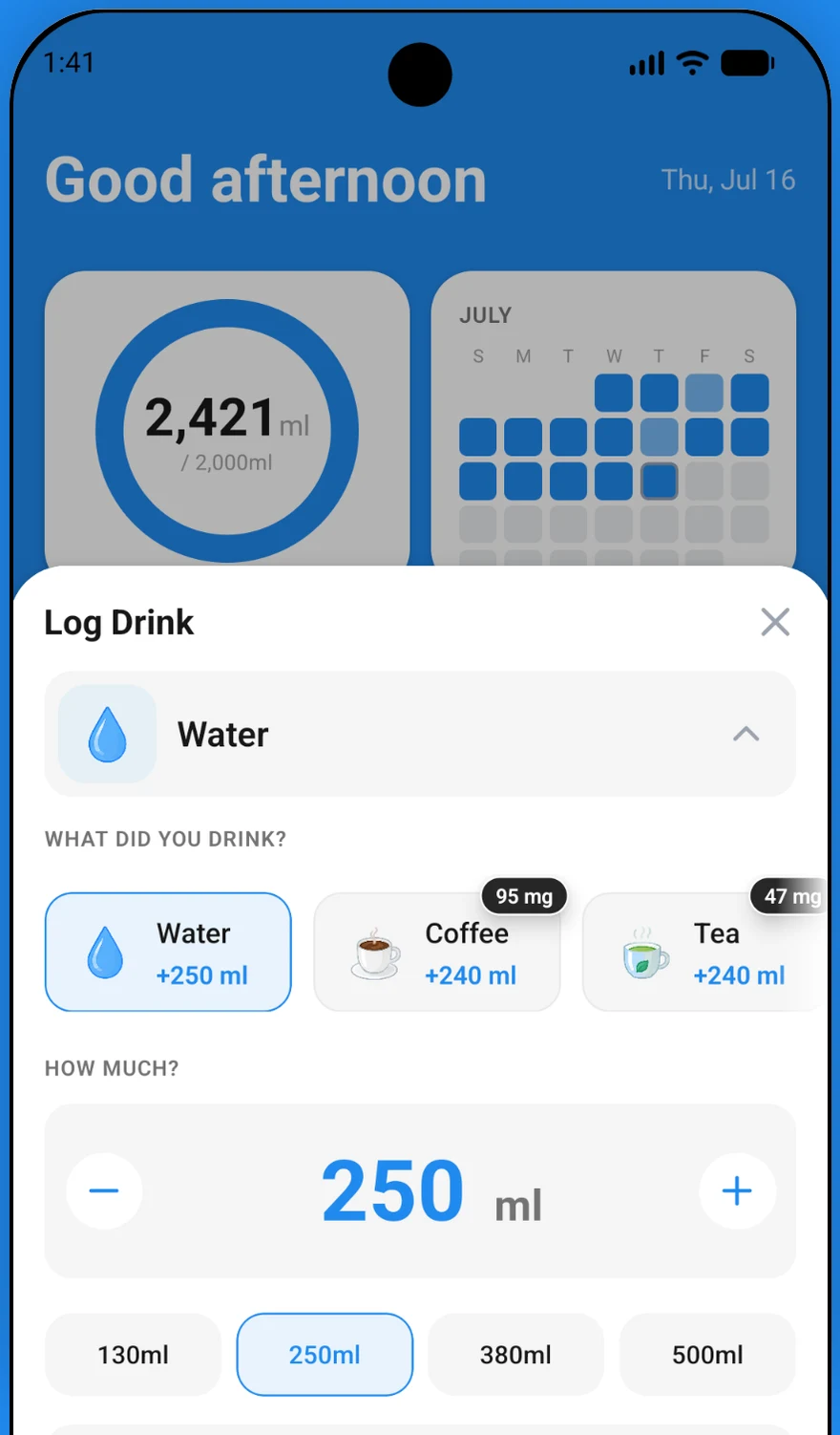 The Log Drink sheet in DrinkTick, with water selected, an amount stepper set to 250 ml, and quick amount chips for 130, 250, 380 and 500 ml.